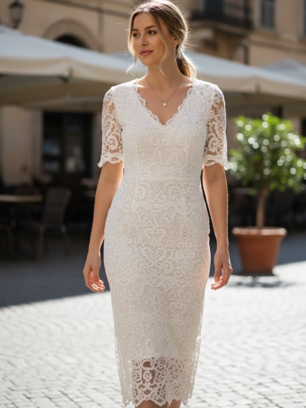 Women's White Floral Lace Deep V-Neck Flutter Sleeve Maxi Dress Size 6